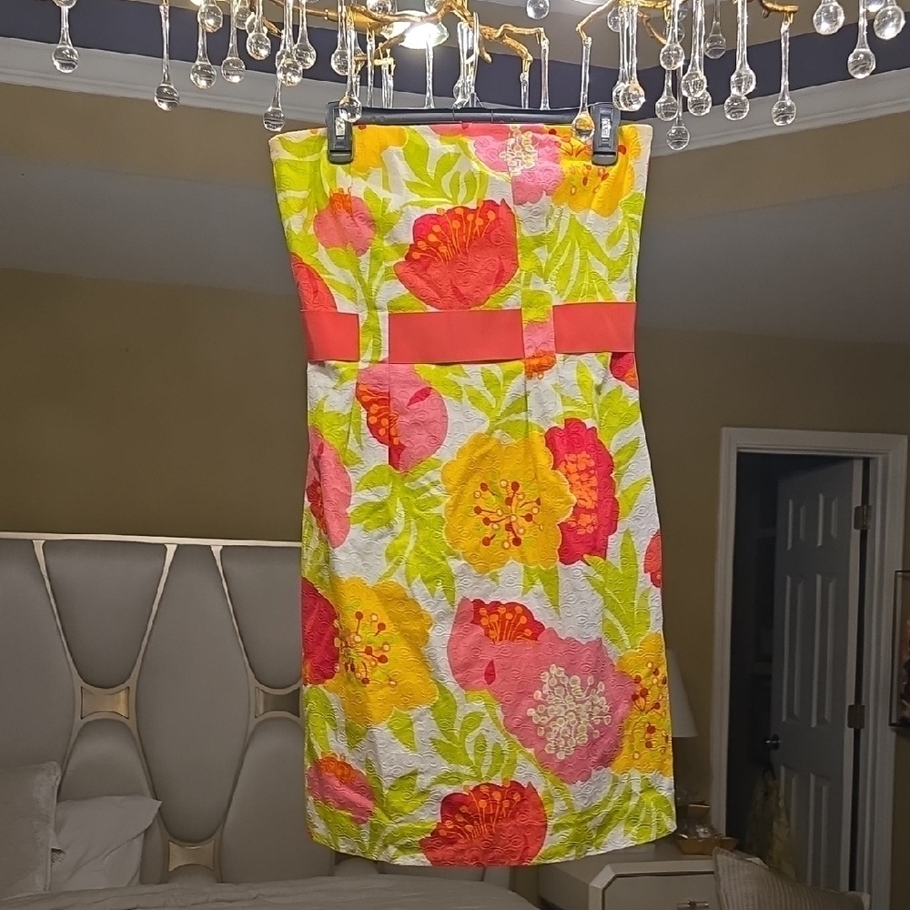 Lilly Pulitzer Strapless Floral Dress in Pink, Yellow, and Green Size 8 Cotton